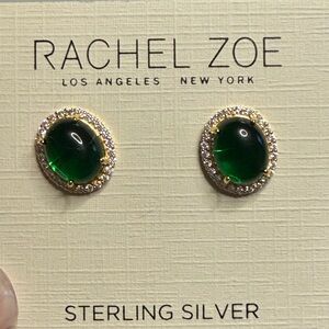 Rachel Zoe sterling  stud earrings,green cabochon  surrounded by cubic zirconia